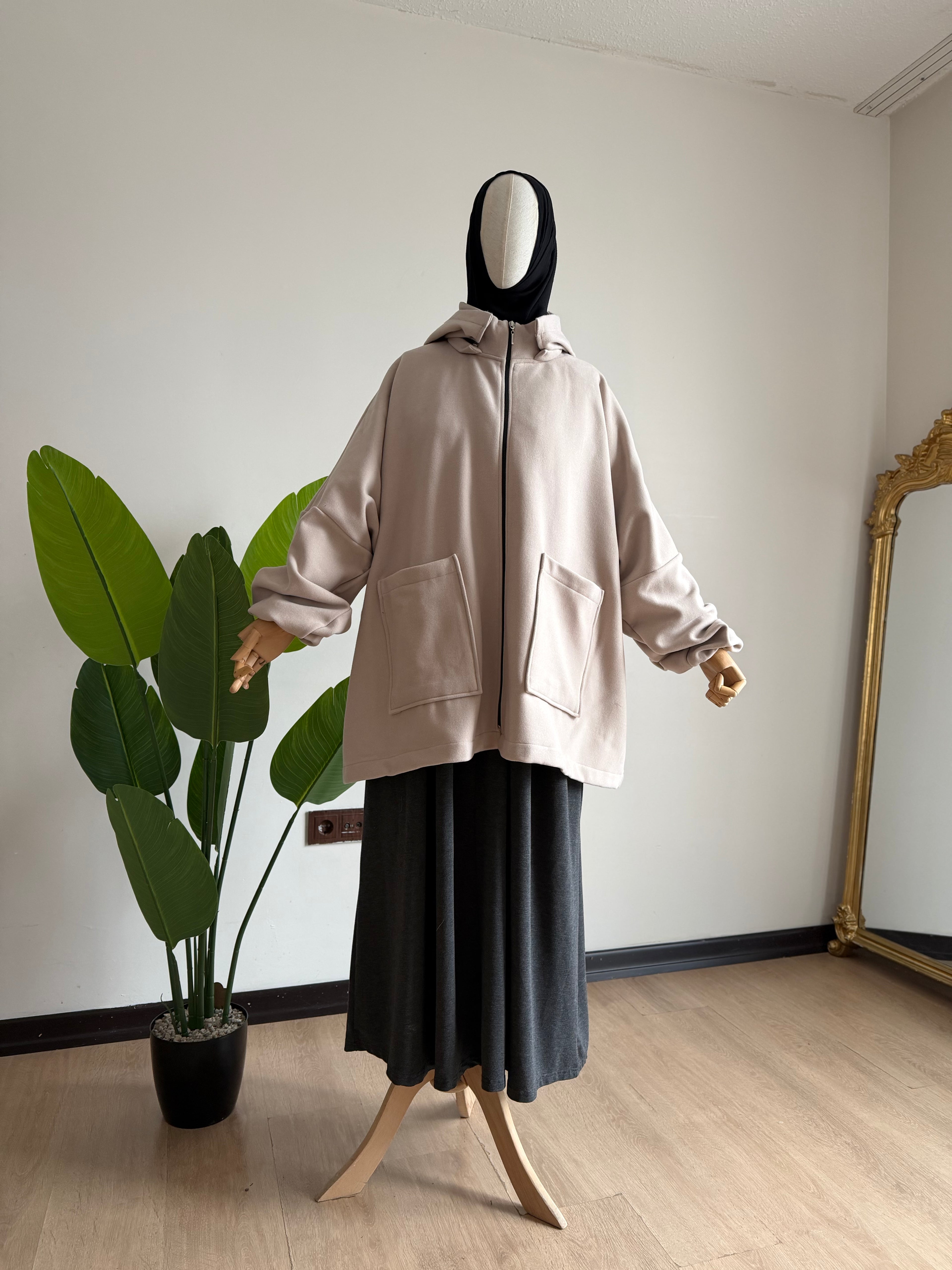 Kaşe ceket panço - bej  | fermuarlı