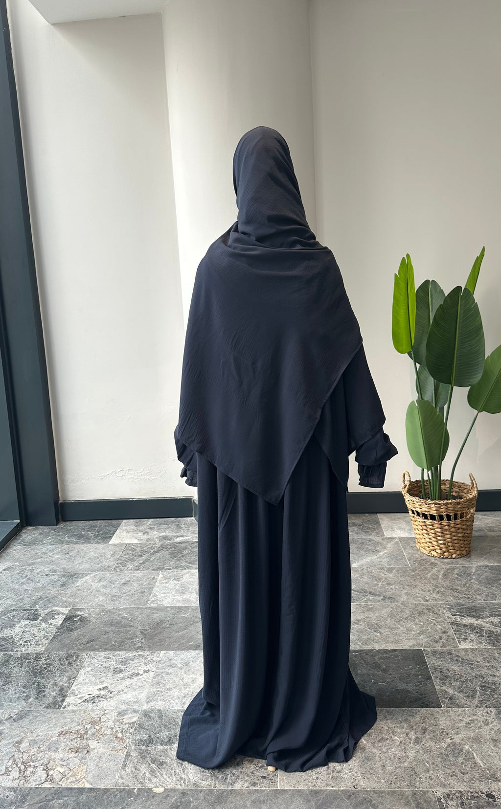 Soft Pamuk Jakar Kendinden Şallı ibadet Elbisesi - Lacivert