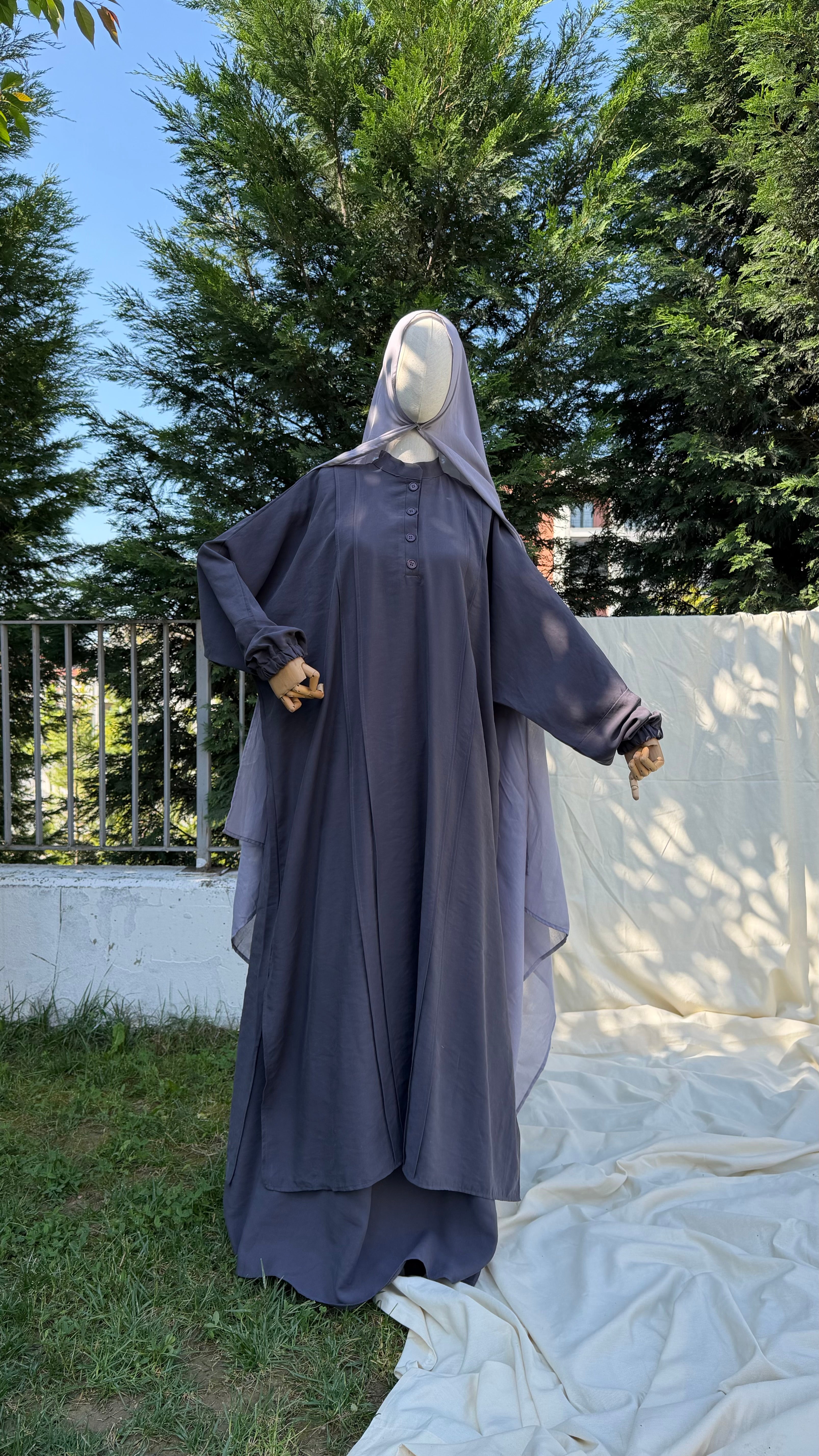 Amine etekli cilbab -Gri