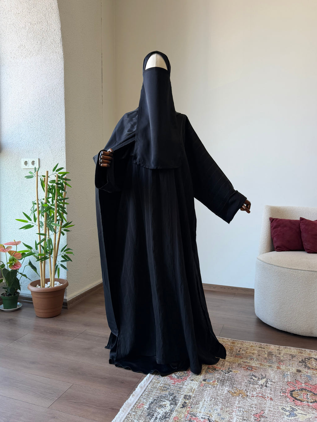 Lal Abaya / Siyah - Tensel Kupra /Etekli Şallı Takım