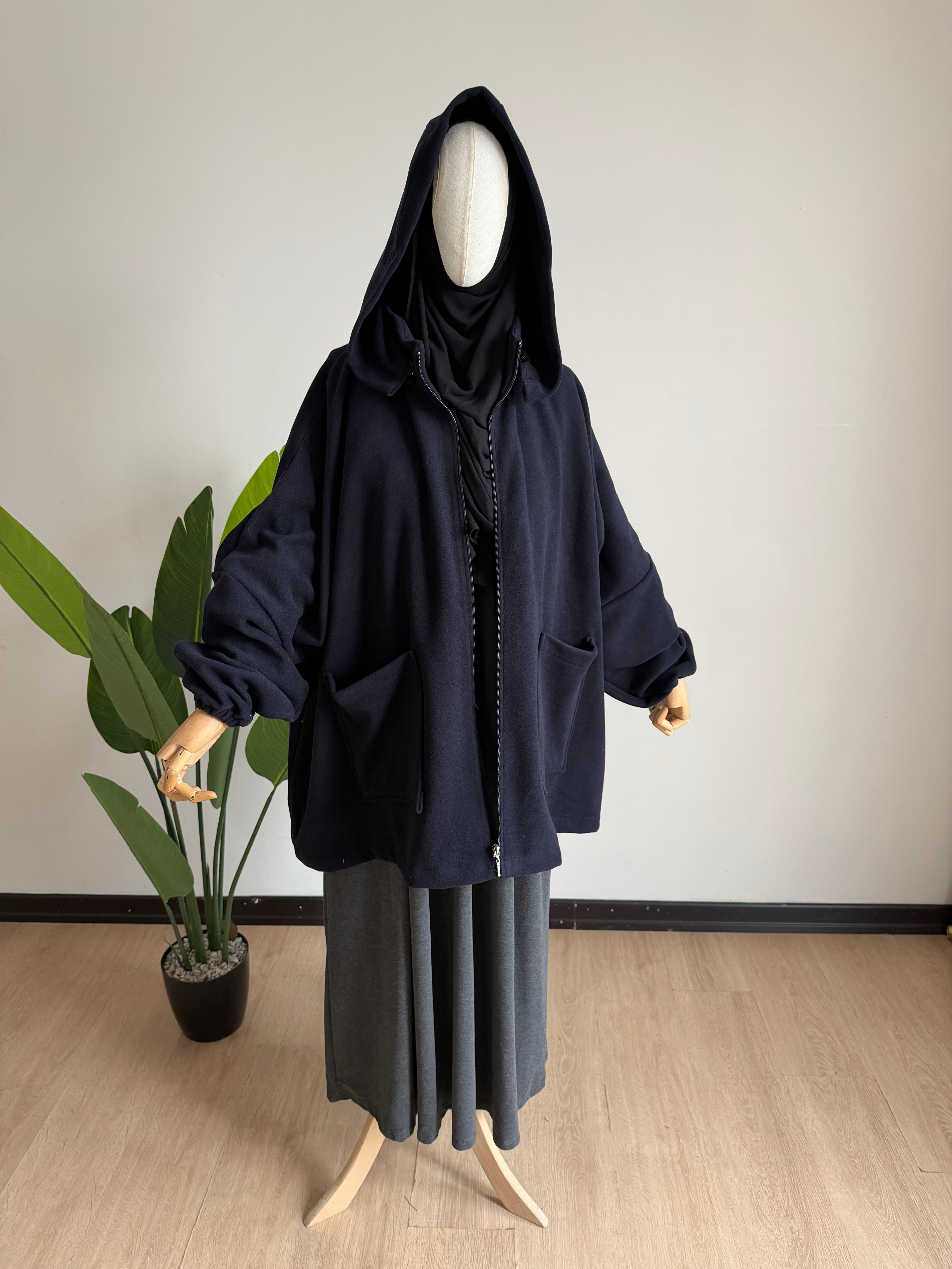 Kaşe ceket panço - lacivert | fermuarlı