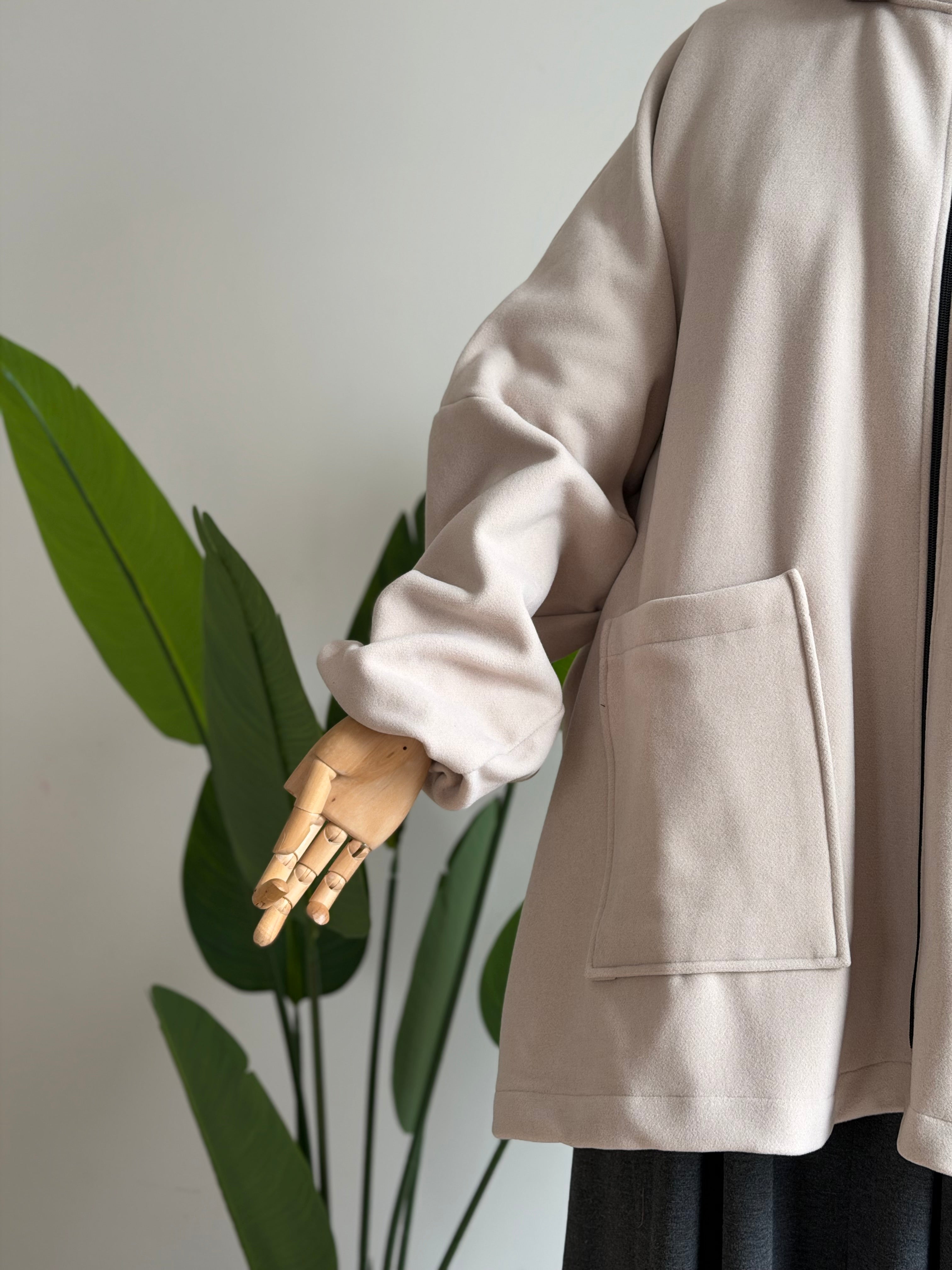 Kaşe ceket panço - bej  | fermuarlı