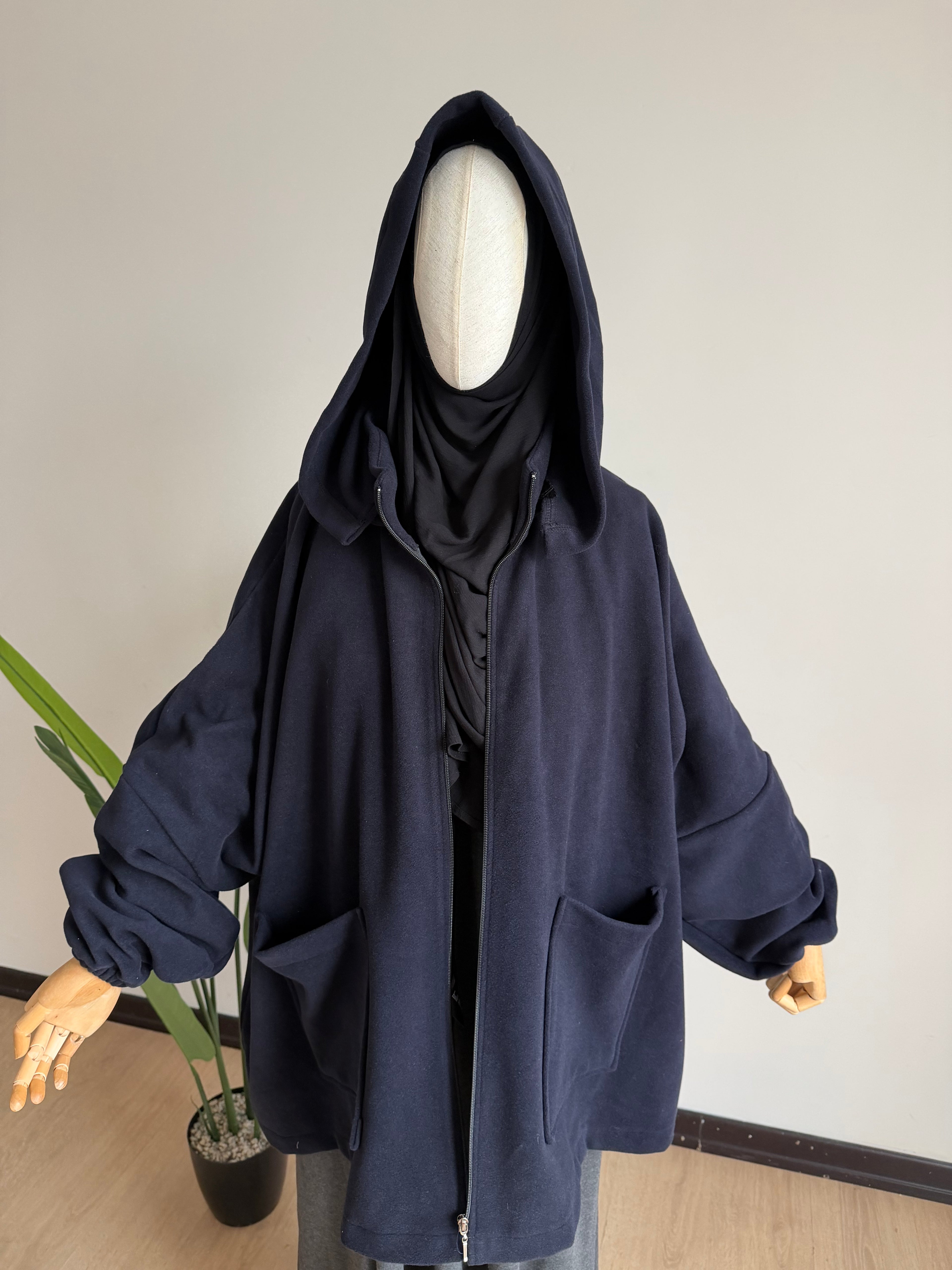 Kaşe ceket panço - lacivert | fermuarlı