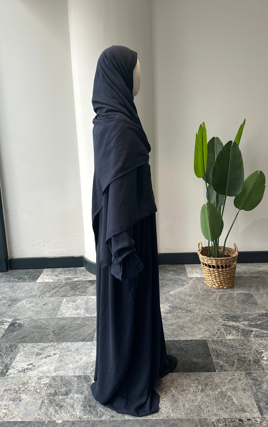Soft Pamuk Jakar Kendinden Şallı ibadet Elbisesi - Lacivert