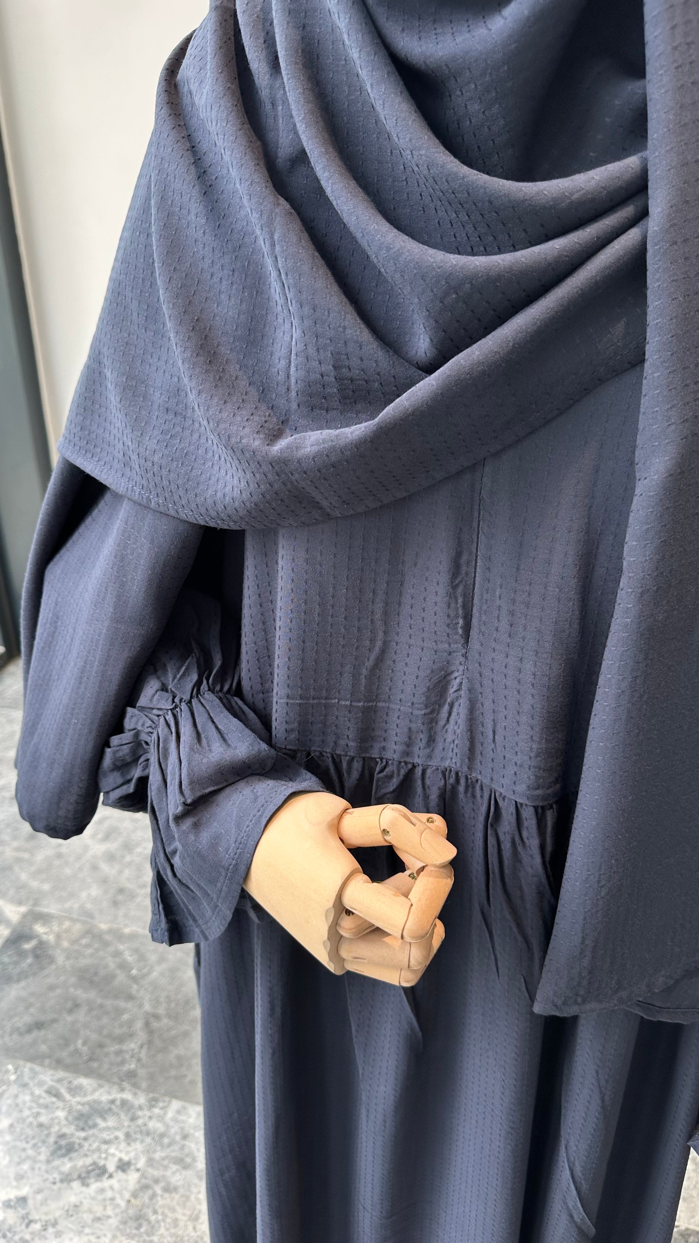 Soft Pamuk Jakar Kendinden Şallı ibadet Elbisesi - Lacivert