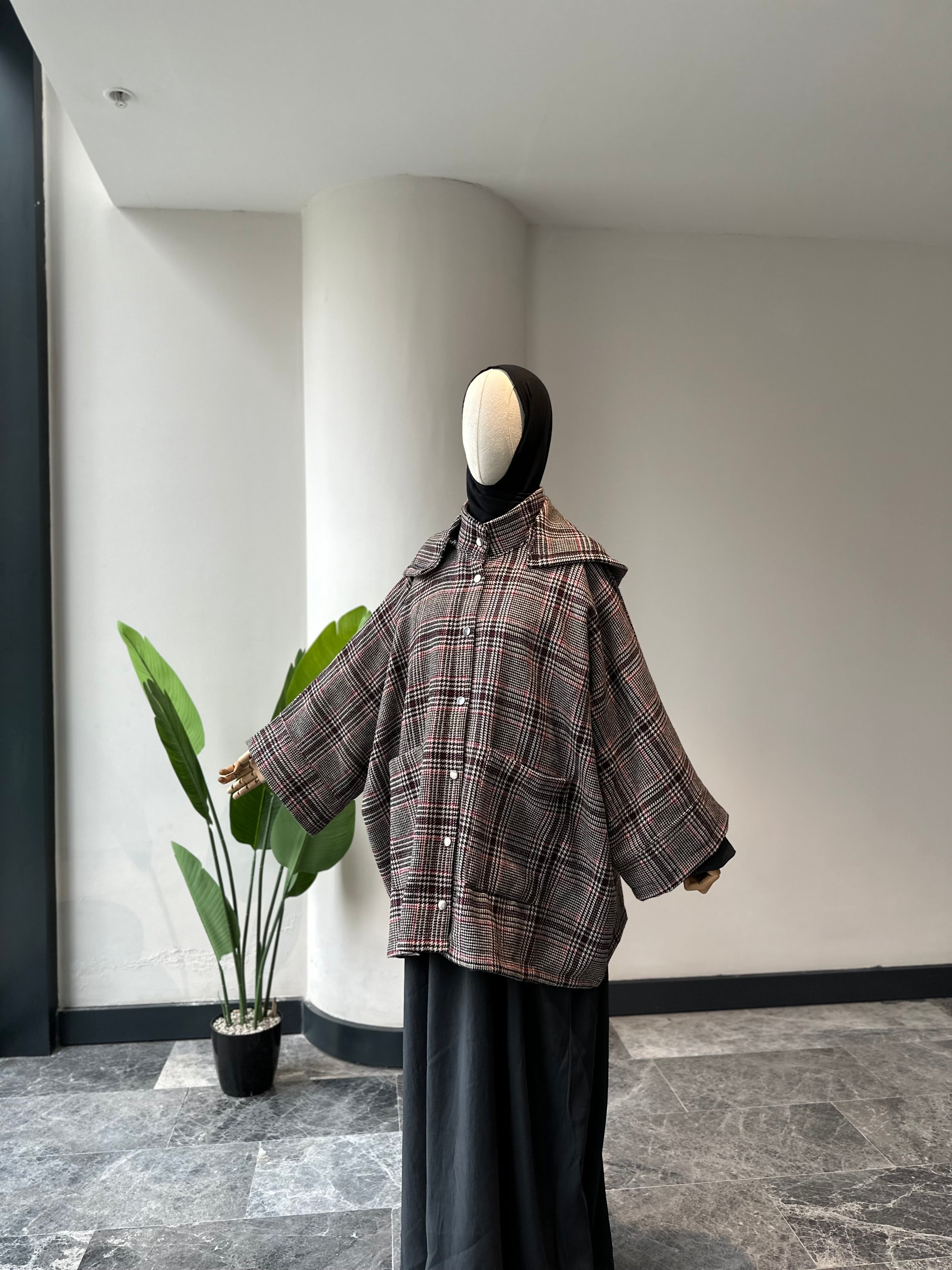 Kahve ekose ceket panço - çıtlı