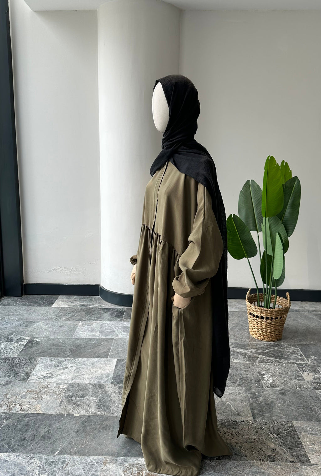 Tensel Kumaş/Robalı Haki Ferace - Lastik kol