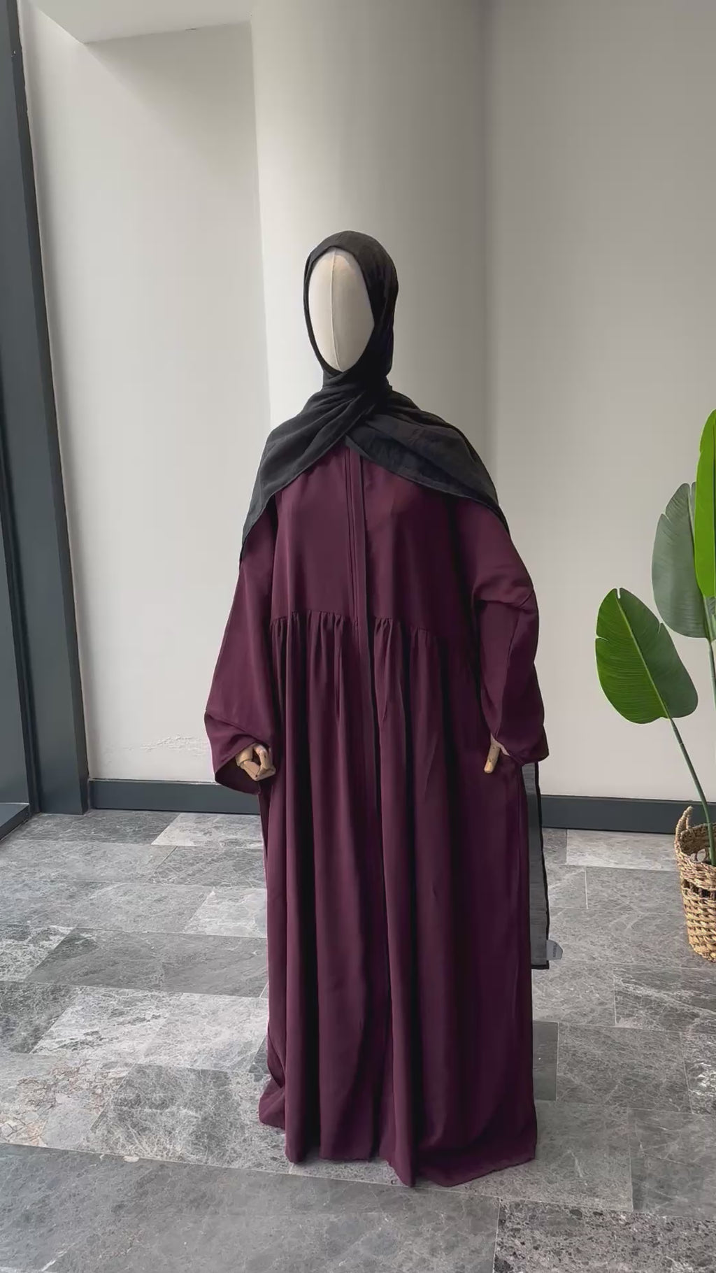 Tensel Kumaş/Robalı Mürdüm Ferace - Abaya kol
